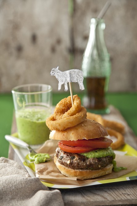 Lamb and Feta Burger with sweet pea mint sauce