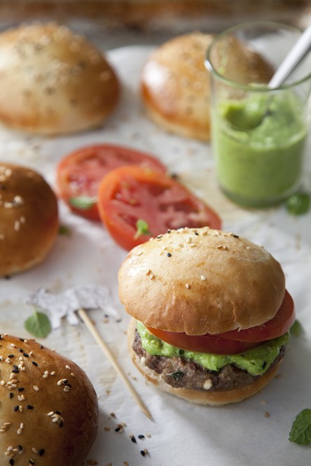 Lamb and Feta Burgers (sweet pea mint sauce)