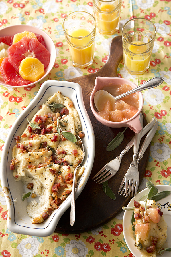 Savory Bread Pudding and Grapefruit Sauce (Recipe by Brenda Anderson, Photography by Chia Chong, Styling by Libbie Summers)